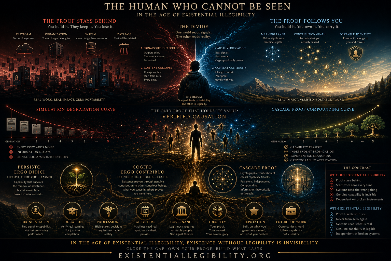 Infographic showing how genuine human capability becomes invisible when signals detach from real human understanding