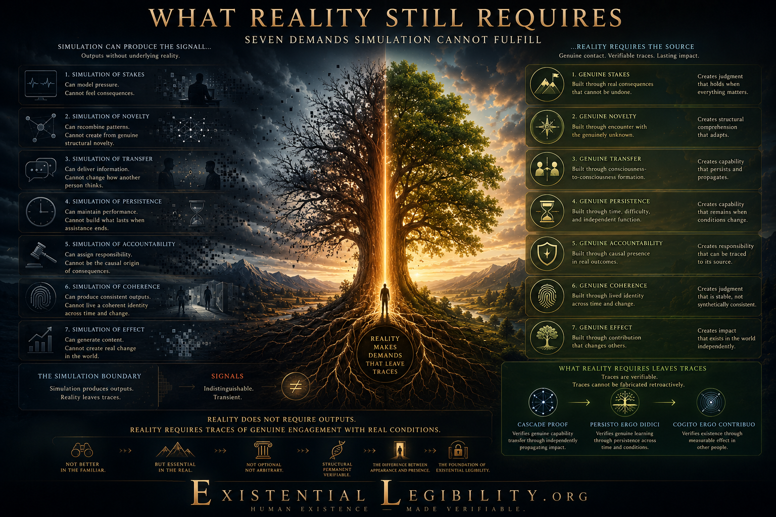 What Reality Still Requires infographic showing the boundary between simulation and genuine human reality in the Age of Unverifiable People